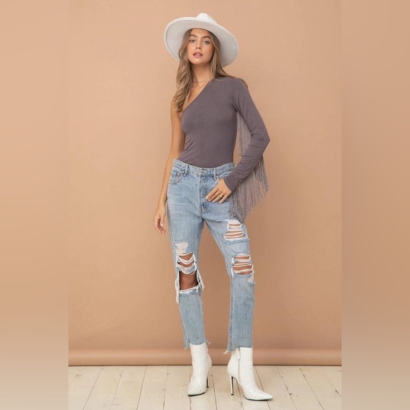 Brand New One Shoulder Fringe Bodysuit - Picture 6 of 7